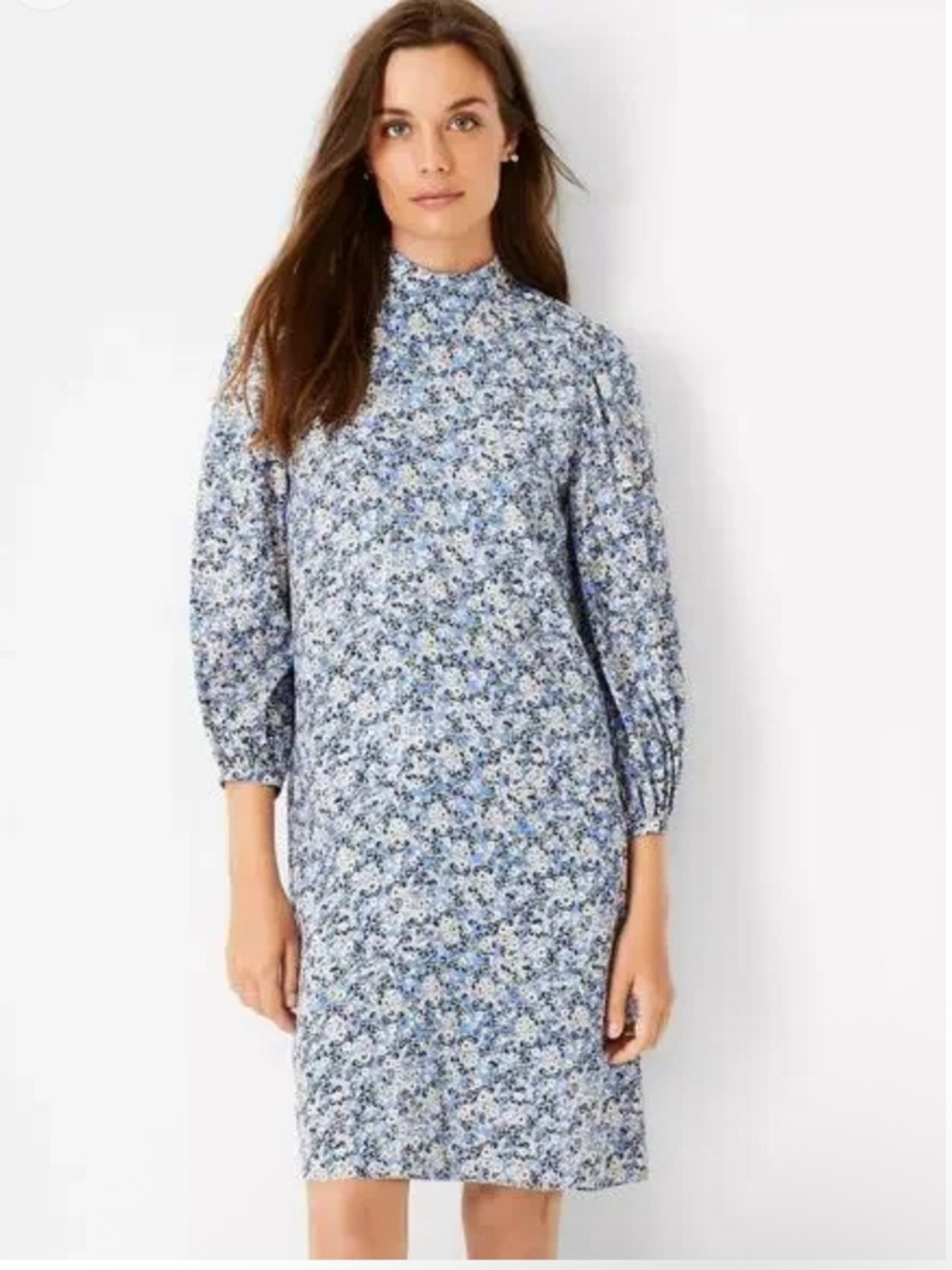 ANN TAYLOR Floral Mock Neck Shift Dress Blue Cream White Size 16